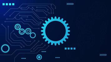 Abstract technological background with gear wheel and circuit lines on blue technology backdrop. Vector illustration.