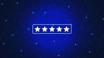 Customer review feedback with five stars on blue technology background. Rating product concept. Vector illustration.