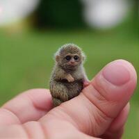 esta es un linda mini mono el Talla de un pulgar con un borroso. generativo ai foto