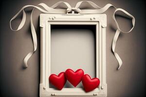 Empty polaroid photo frame with hearts and ribbons. .