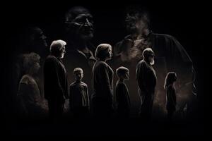 Different generations of family stand together against dark abstract background. photo