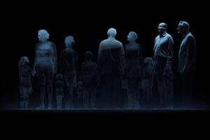 Different generations of family stand together against dark abstract background. photo