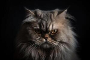 Angry cat portrait on dark background, close up shot. photo