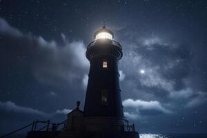 faro en mar a estrellado noche. navegación para buques. generativo ai foto