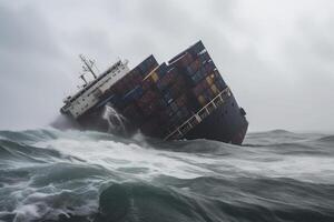 destrozado carga Embarcacion con contenedores en Tormentoso mar con grande ondas. generativo ai foto