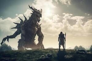 Man stands in front of huge dragon, fantasy world. photo