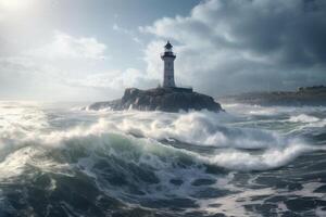 Sea landscape with stormy waves and lighthouse. Navigation for ships. photo