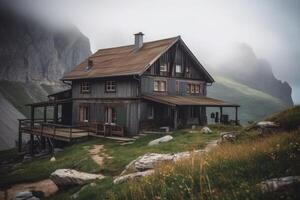 cabaña en naturaleza. presentar en montañas. generativo ai foto