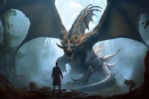 Man stands in front of huge dragon, fantasy world. photo