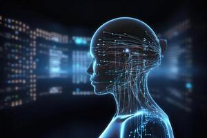 Machine learning. Artificial intelligence robot on futuristic background. photo