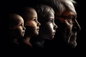 Different generations of family stand together against dark abstract background. photo