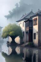 jiangnan brumoso lluvia mapa. el pueblo es lleno de pintoresco casa. generativo ai. foto