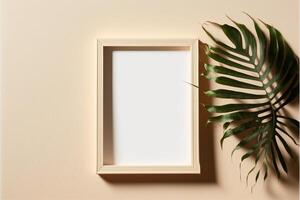 wooden frame on floor Symmetricity white wall. photo