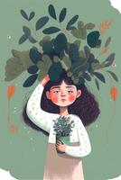 minimalista ilustración de niña niño y planta. generativo ai. foto