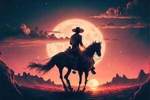 cowboy riding a horse against sunset sky with planets . photo