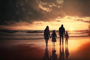 happy family with two kids walk at sunset beach wide . photo