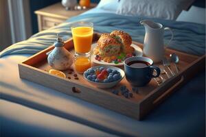 Breakfast on a bed in a cozy hotel room. photo