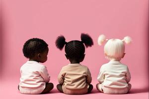 3 bebés desde diferente carrera sentado en piso en un fila. generativo ai. foto