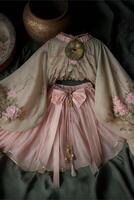 conjunto de chino hanfu falda cinta aleteo. generativo ai. foto