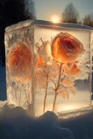 super realistic photo of icebound read roses closeup. .