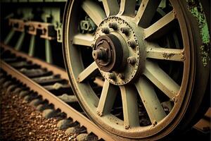 de cerca de tren rueda en ferrocarril. generativo ai foto