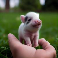 This is a cute mini pig the size of a thumb with a blurry. photo