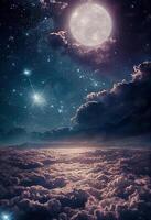 estrellado brillante noche cielo con blanco nubes soñador Luna. generativo ai. foto