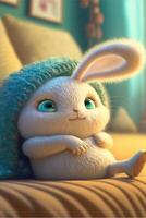 Super cute Pixar-style little white rabbit. . photo