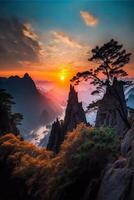 Huangshan sunrise. The clouds on the top of the mountain. . photo