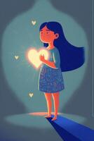 minimalistic illustration of a girl and light comes from inside of her. . photo
