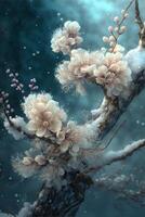 Beautiful branch gentle fairy fog and flower. . photo