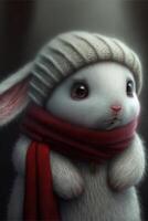 Conejo blanco peludo linda grande ojos vistiendo rojo sombrero y bufanda. generativo ai. foto