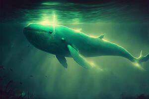 glowing green whale in the sea digital art style. photo