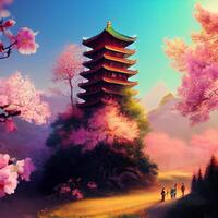 Chinese tower on floral mountain trees sunshine. photo