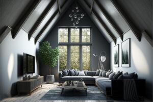 Grey attic living room interior with sofa . photo