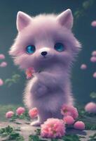 A cute and adorable baby white fox with a big fluffy tailholdi. . photo