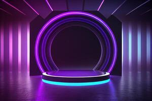 Circular stage with neon lights, abstract background. photo