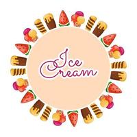 A frame with various types of ice cream on a white background. Vector frame template for restaurant menus, postcards, backgrounds, summer designs