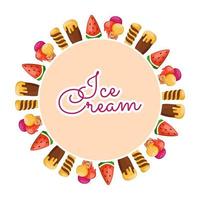 A frame with various types of ice cream on a white background. Vector frame template for restaurant menus, postcards, backgrounds, summer designs