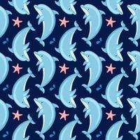 Seamless pattern with cute cartoon dolphins and starfish. Vector illustration. Cartoon style, blue background. For printing, design, wallpaper, decor, textiles and packaging