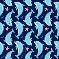 Seamless pattern with cute cartoon dolphins and starfish. Vector illustration. Cartoon style, blue background. For printing, design, wallpaper, decor, textiles and packaging