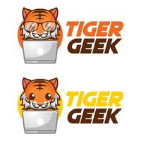 Modern vector flat design simple minimalist logo template of cute geek nerd tiger cartoon head vector for brand, emblem, label, badge. Isolated on white background.