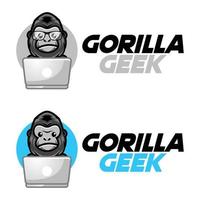 Modern vector flat design simple minimalist logo template of cute geek nerd gorilla cartoon head vector for brand, emblem, label, badge. Isolated on white background.