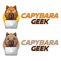 Modern vector flat design simple minimalist logo template of cute geek nerd capybara cartoon head vector for brand, emblem, label, badge. Isolated on white background.