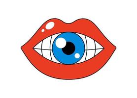 Retro groovy mouth with blue eye between teeth. Hippy glossy red open lips and pupil. Funky female lip with lipstick and floret. Crazy vintage hippie sticker. Trendy y2k pop art patch. Vector eps