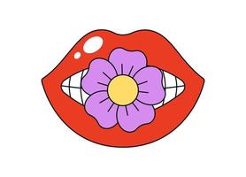 Retro groovy mouth with chamomile between teeth. Hippy glossy red open lips and daisy flower. Funky female lip with lipstick and floret. Vintage hippie sticker. Trendy y2k pop art patch. Vector eps