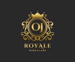 Golden Letter OJ template logo Luxury gold letter with crown. Monogram alphabet . Beautiful royal initials letter. vector
