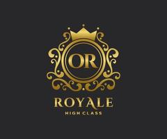 Golden Letter OR template logo Luxury gold letter with crown. Monogram alphabet . Beautiful royal initials letter. vector