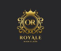 Golden Letter OR template logo Luxury gold letter with crown. Monogram alphabet . Beautiful royal initials letter. vector