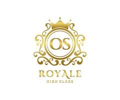 Golden Letter OS template logo Luxury gold letter with crown. Monogram alphabet . Beautiful royal initials letter. vector